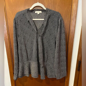 Eri + Ali by Anthropologie Black/White Striped Tie Neck‎ Long Sleeve Blouse Sz L